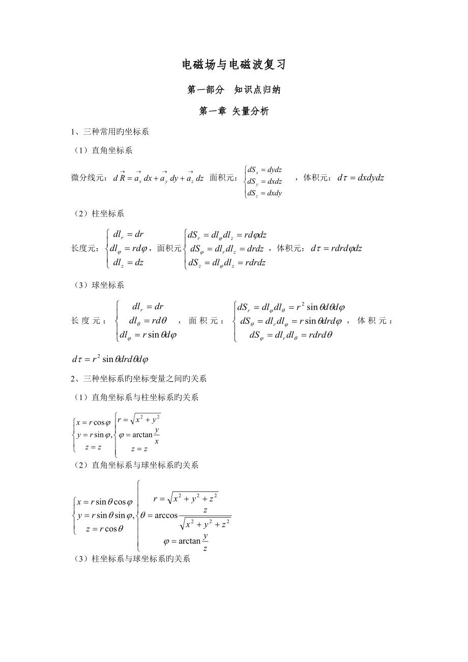 2022南京邮电大学电磁场与电磁波考试必背公式_第1页