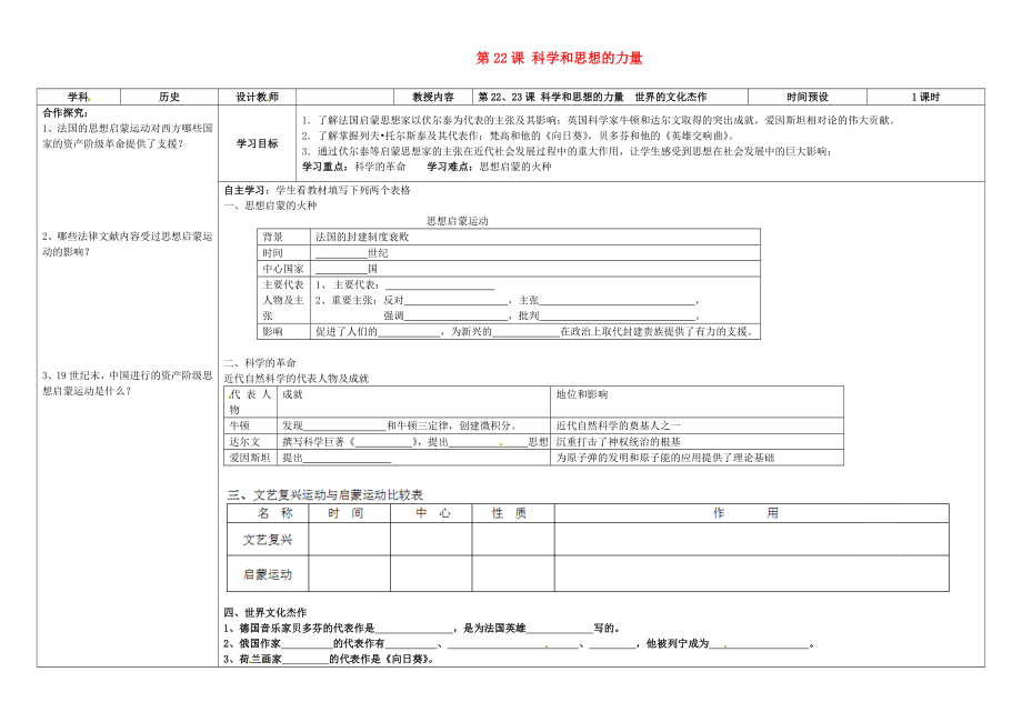 湖南省浏阳市大瑶镇大瑶初级中学九年级历史上册 第22课 科学和思想的力量学案（无答案） 新人教版_第1页