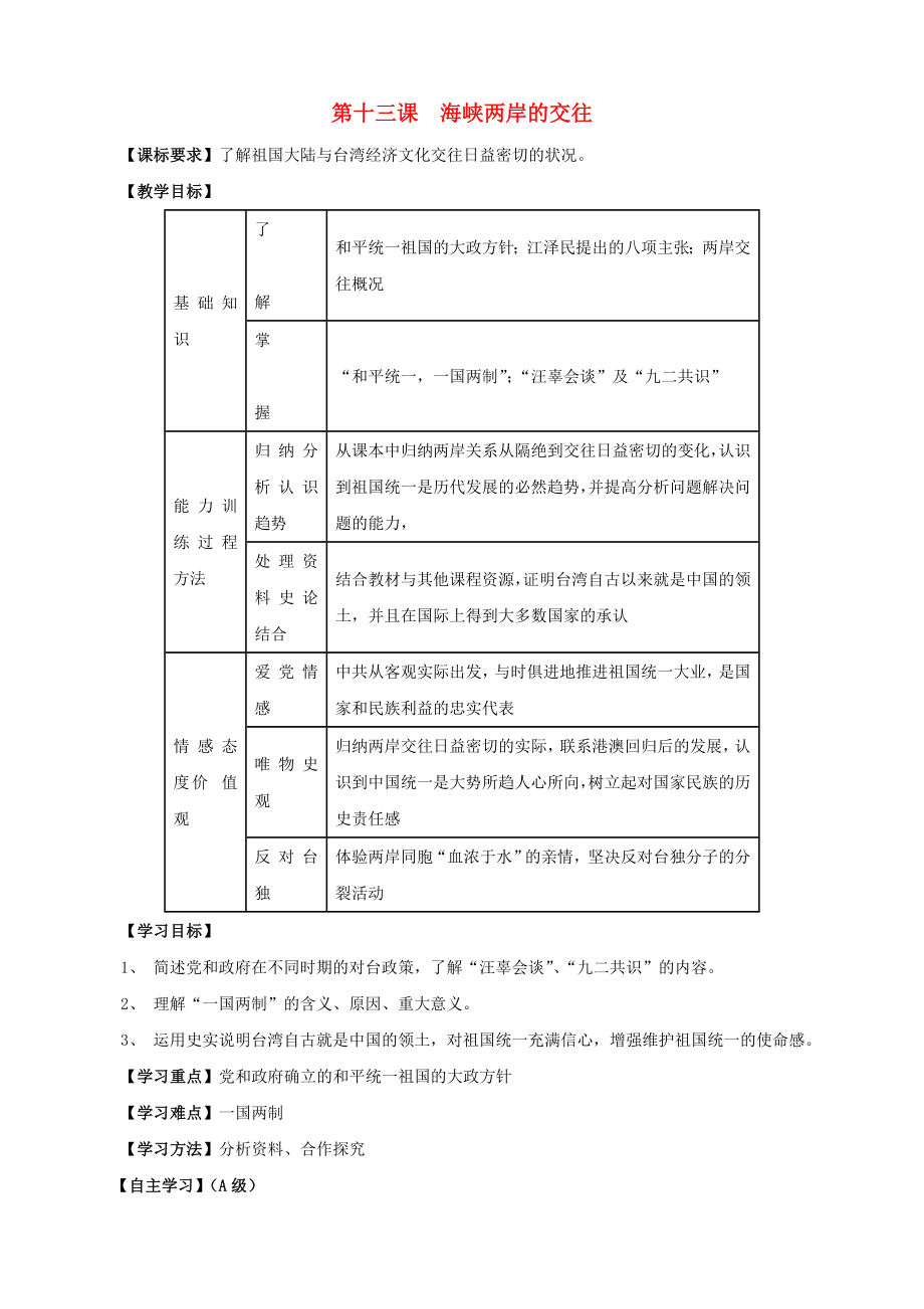 江蘇省無錫羊尖高級中學(xué)2020學(xué)年八年級歷史下冊 13 海峽兩岸的交往導(dǎo)學(xué)案（無答案） 新人教版_第1頁