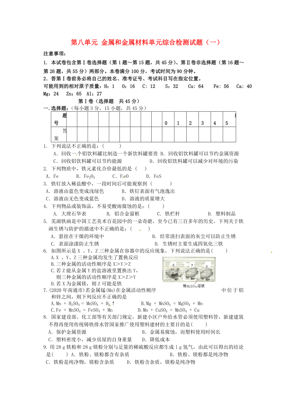 江蘇省連云港市東海晶都雙語(yǔ)學(xué)校八年級(jí)化學(xué)全冊(cè) 第八單元 金屬和金屬材料單元綜合檢測(cè)試題（一）（無(wú)答案） 新人教版五四制_第1頁(yè)