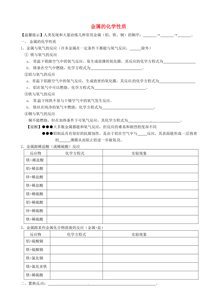 遼寧省凌海市石山初級(jí)中學(xué)九年級(jí)化學(xué)上冊(cè) 6.2 金屬的化學(xué)性質(zhì)知識(shí)梳理（無答案）（新版）粵教版（通用）_第1頁