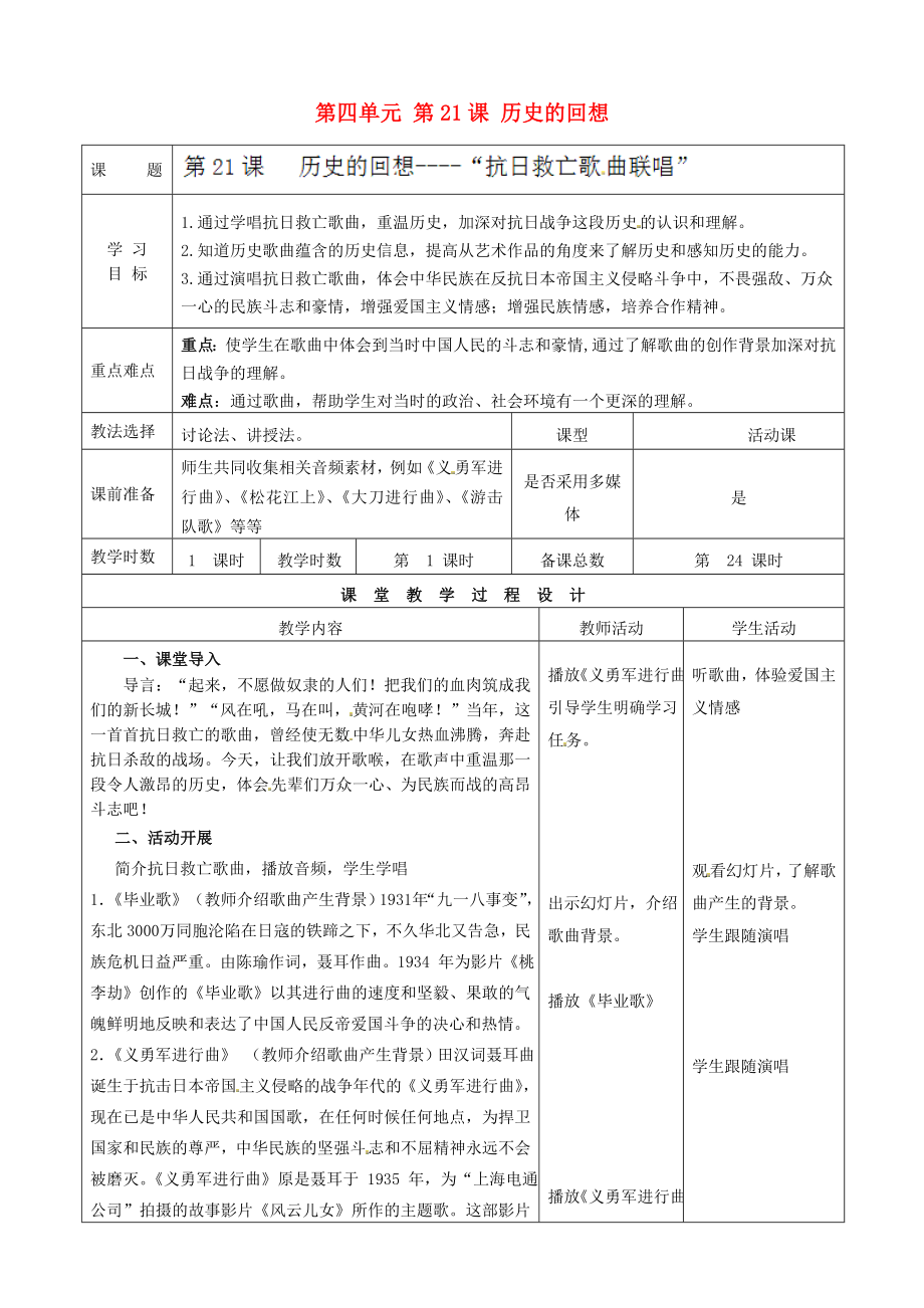 甘肅省酒泉市瓜州縣第二中學(xué)八年級(jí)歷史上冊(cè) 第四單元 第21課 歷史的回想教學(xué)案（無答案） 北師大版_第1頁