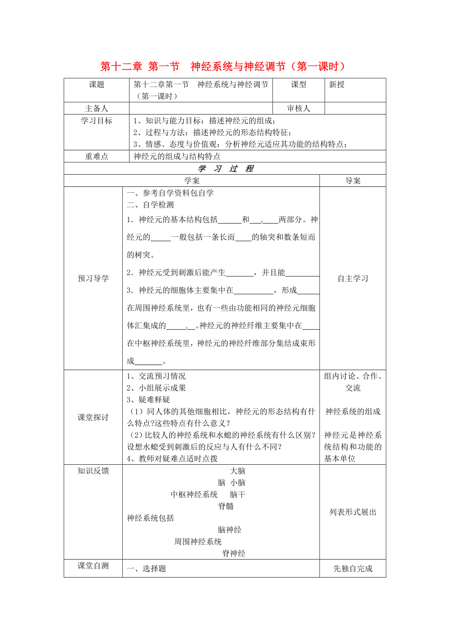 2020年七年級生物下冊 第十二章 人體的自我調(diào)節(jié) 第一節(jié) 神經(jīng)系統(tǒng)與神經(jīng)調(diào)節(jié)（第一課時(shí)）導(dǎo)學(xué)案（無答案） 北師大版_第1頁