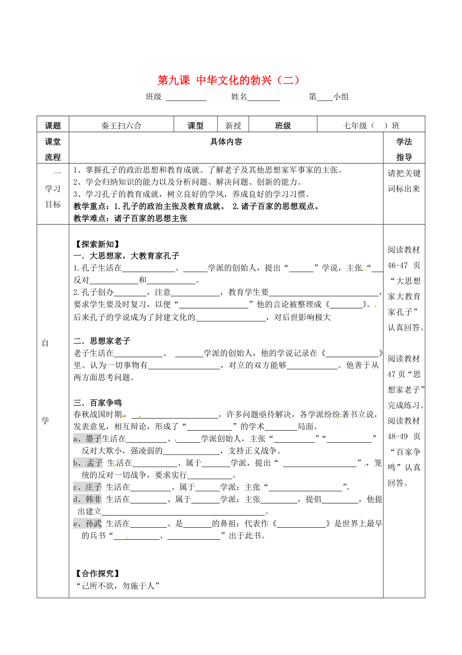 湖北省武漢為明實(shí)驗(yàn)學(xué)校七年級(jí)歷史上冊(cè) 第九課 中華文化的勃興（二）學(xué)案(（無(wú)答案） 新人教版_第1頁(yè)