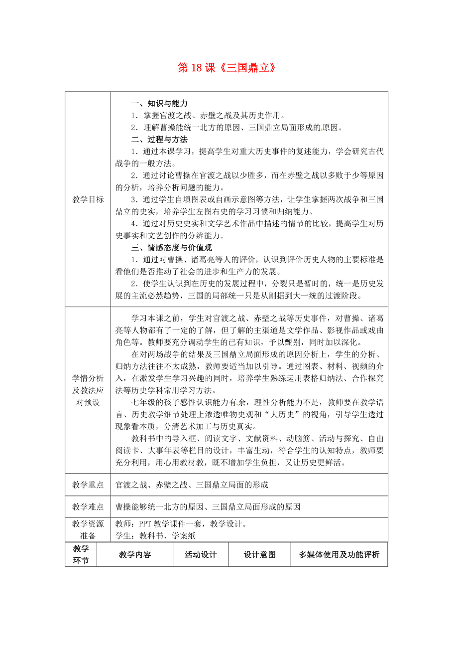 江蘇省徐州市中小學(xué)教學(xué)研究室七年級(jí)歷史上冊(cè) 第18課 三國鼎立教案 新人教版_第1頁