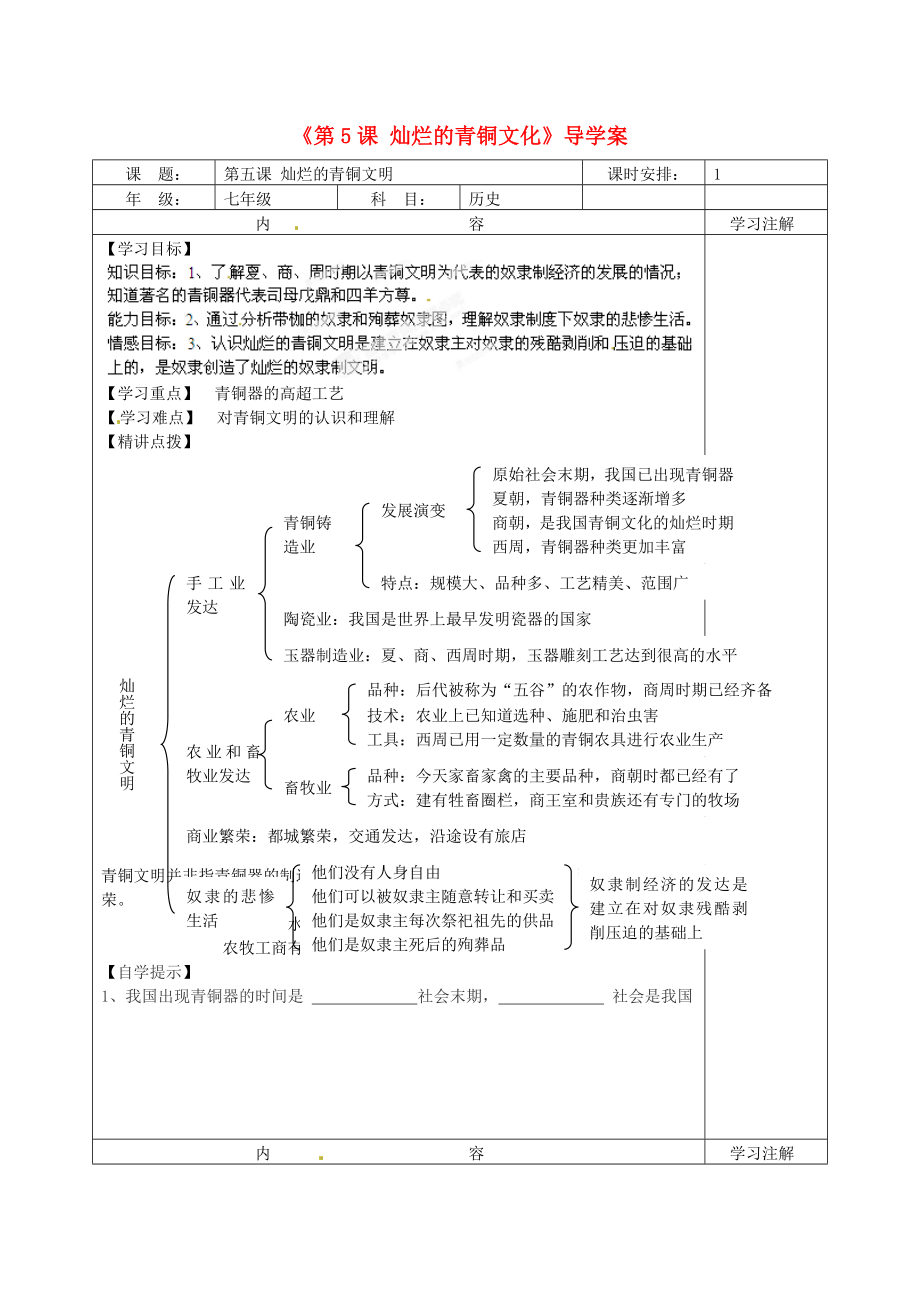 福建省福安五中七年級歷史上冊《第5課 燦爛的青銅文化》導學案（無答案） 新人教版_第1頁