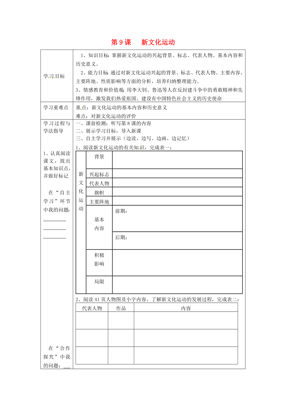 湖南省常德市第九中學(xué)八年級歷史上冊 第9課 新文化運動表格式導(dǎo)學(xué)案（無答案） 新人教版_第1頁