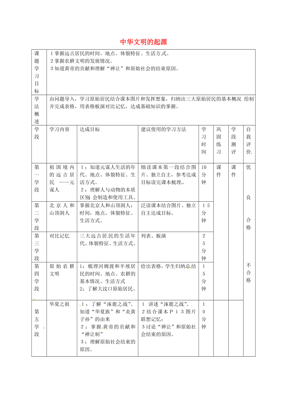 甘肅省西和縣十里鄉(xiāng)初級中學(xué)七年級歷史上冊 第一單元 中華文明的起源導(dǎo)學(xué)案（無答案） 新人教版_第1頁