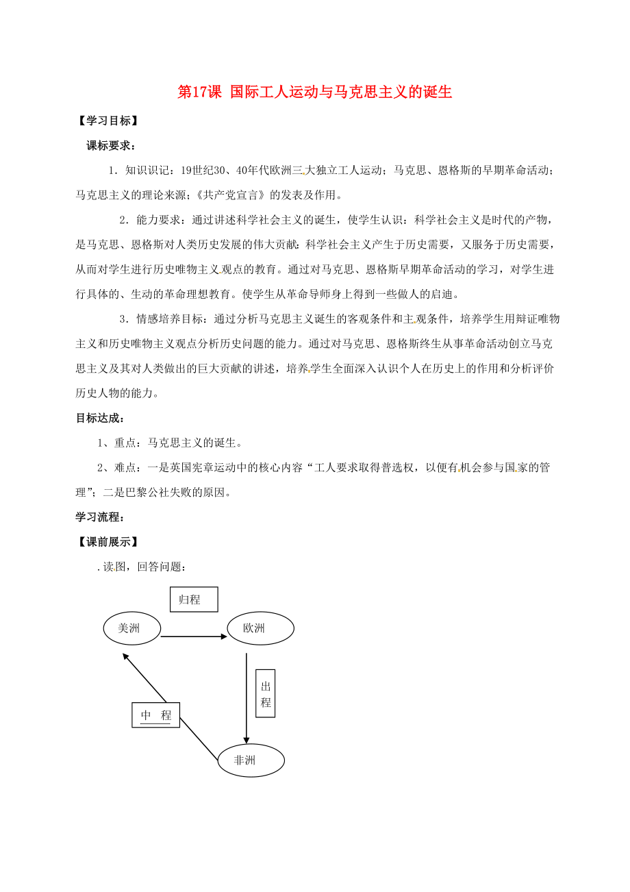 辽宁省灯塔市九年级历史上册 第六单元 第17课 国际工人运动与马克思主义的诞生学案（无答案） 新人教版（通用）_第1页