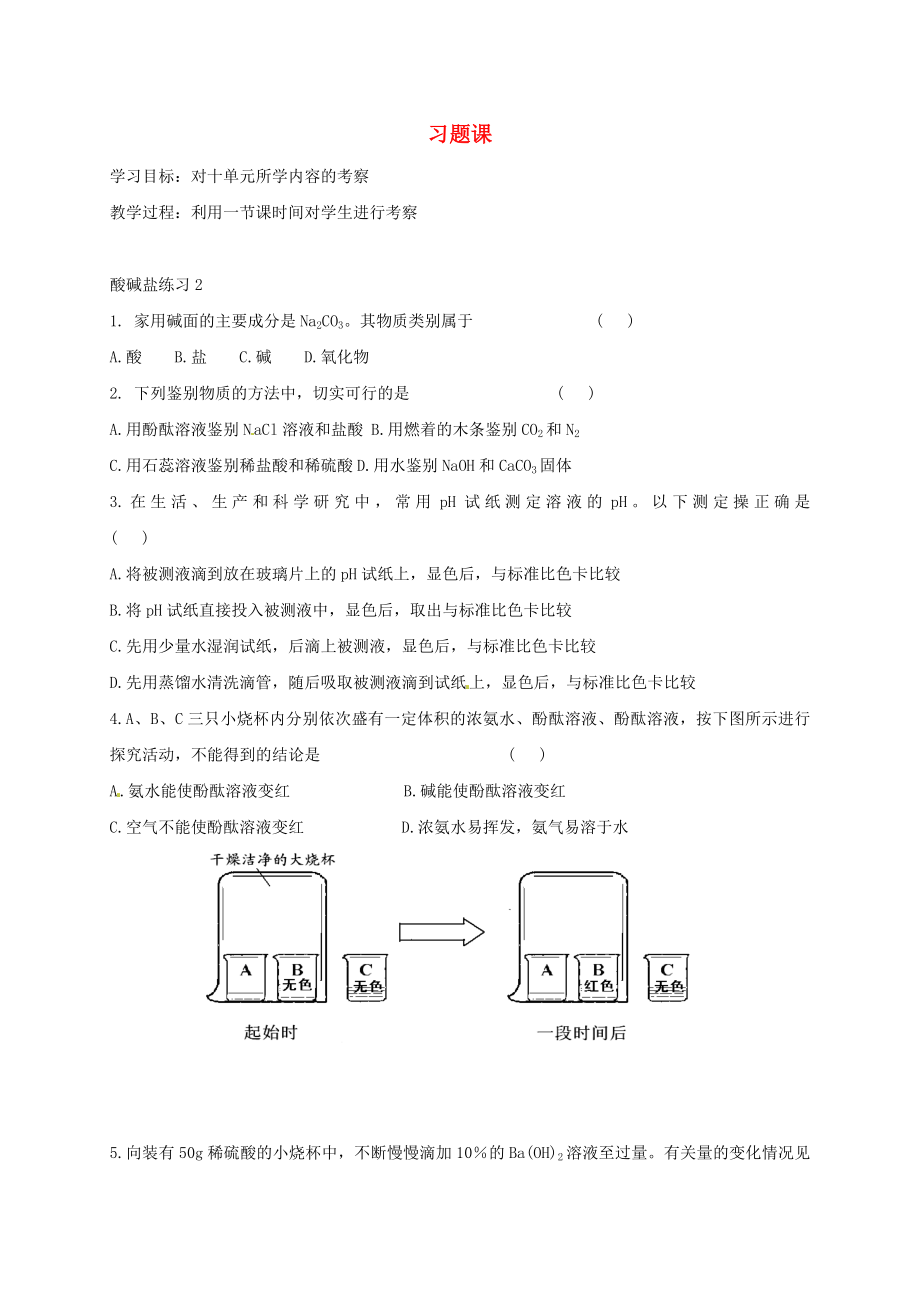 河北省保定市雄縣九年級(jí)化學(xué)下冊(cè) 第10單元 課題1 常見的酸和堿習(xí)題課（1）導(dǎo)學(xué)案（無答案）（新版）新人教版（通用）_第1頁