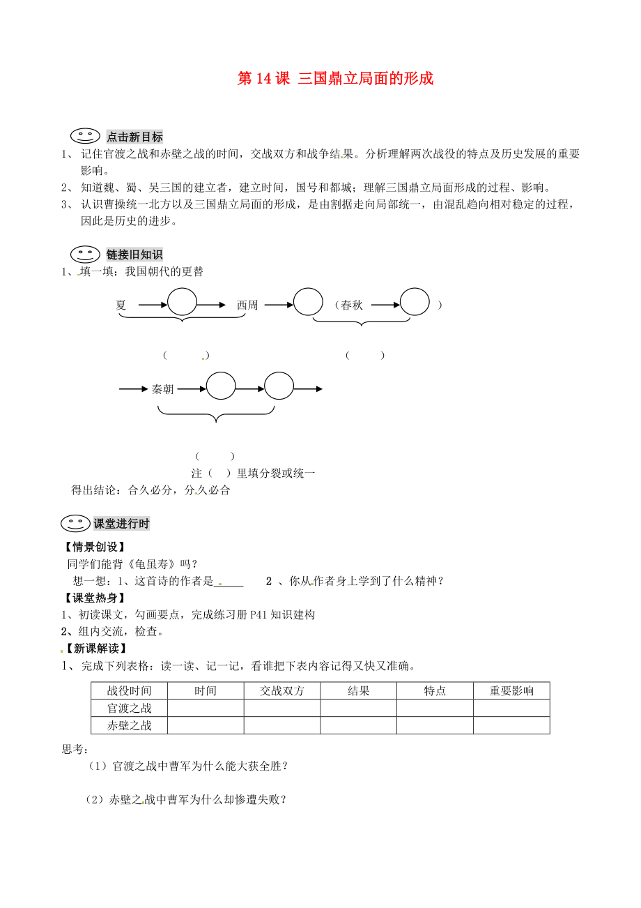 重慶市第三十九中學(xué)七年級(jí)歷史上冊(cè) 第14課 三國(guó)鼎立局面的形成導(dǎo)學(xué)案（無(wú)答案） 華東師大版_第1頁(yè)