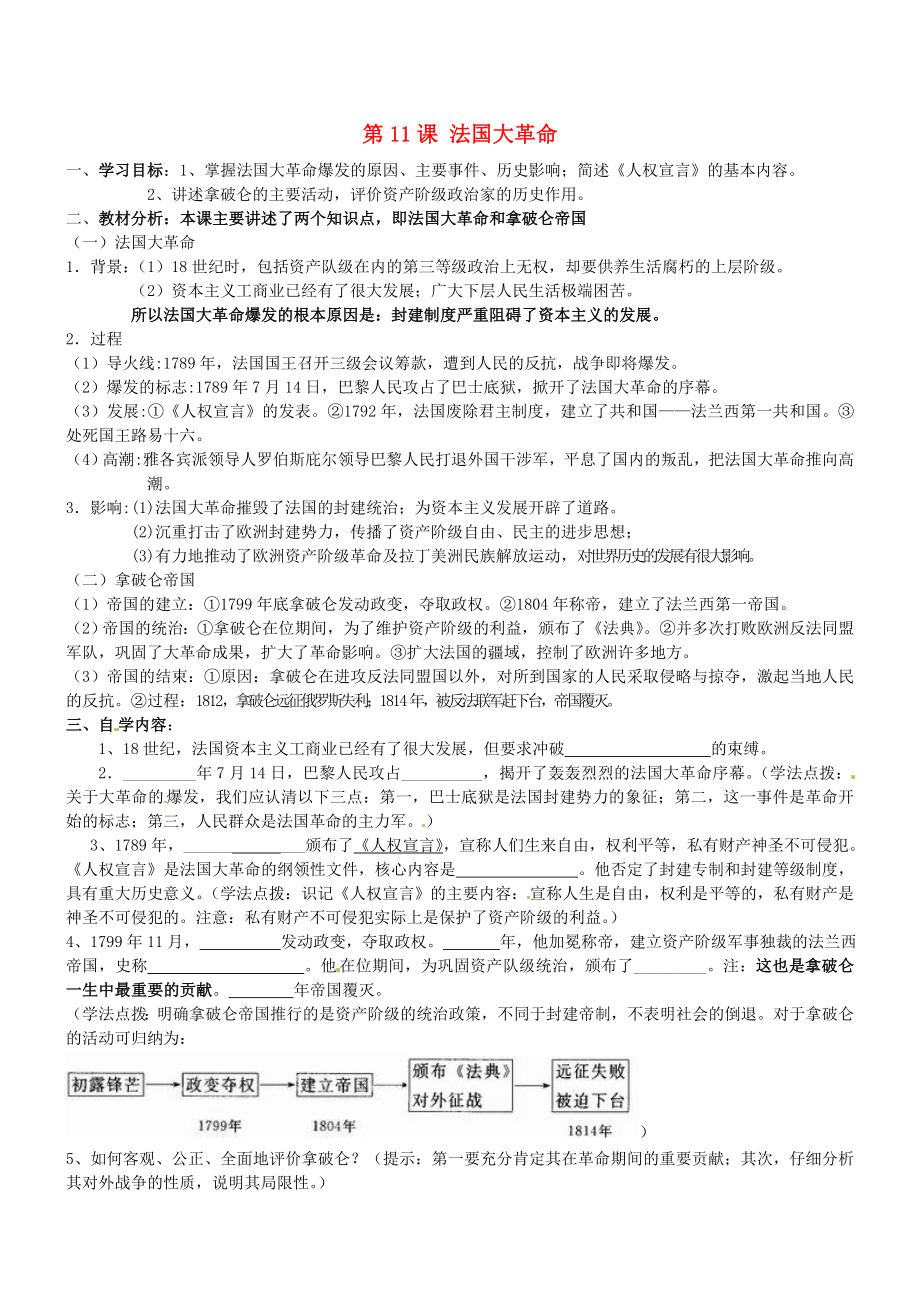 遼寧省葫蘆島市海濱九年一貫制學(xué)校九年級歷史上冊 第11課 法國大革命導(dǎo)學(xué)案（無答案） 岳麓版_第1頁