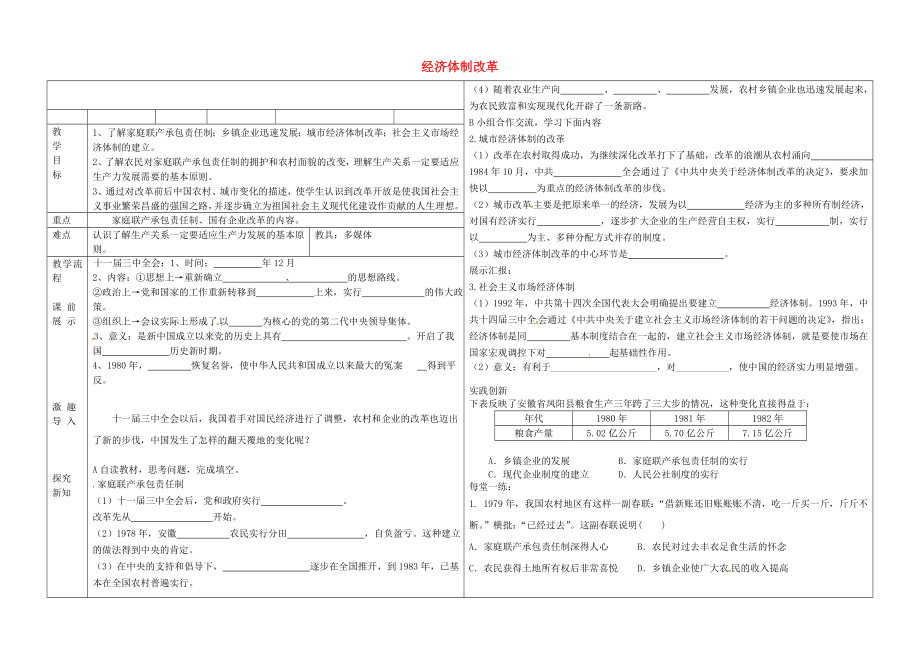 遼寧省撫順市順城區(qū)八年級歷史下冊 第三單元 中國特色社會主義道路 第8課 經(jīng)濟(jì)體制改革教學(xué)案（無答案） 新人教版（通用）_第1頁