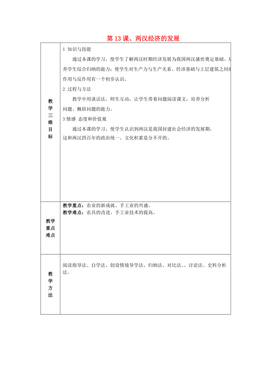 江蘇省徐州市中小學(xué)教學(xué)研究室七年級(jí)歷史上冊(cè) 第13課 兩漢經(jīng)濟(jì)的發(fā)展教案 新人教版_第1頁