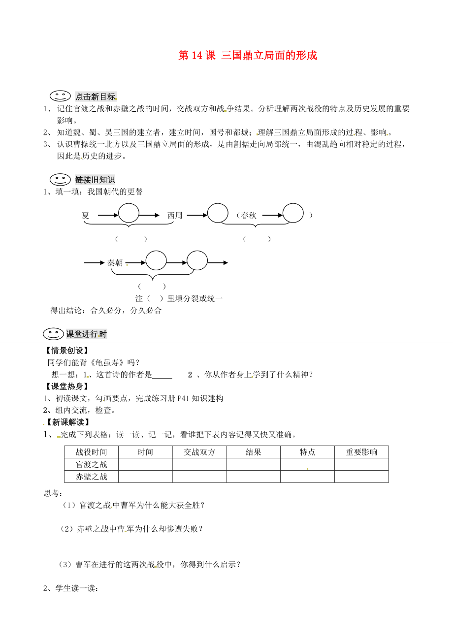 河南省虞城縣第一初級中學(xué)七年級歷史上冊 第14課 三國鼎立局面的形成學(xué)案（無答案） 新人教版_第1頁