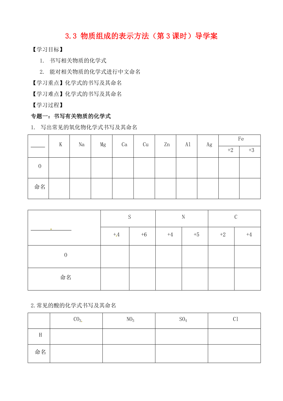 江蘇省高郵市車邏初級中學(xué)九年級化學(xué)全冊 3.3 物質(zhì)組成的表示方法（第3課時(shí)）導(dǎo)學(xué)案（無答案） 滬教版_第1頁