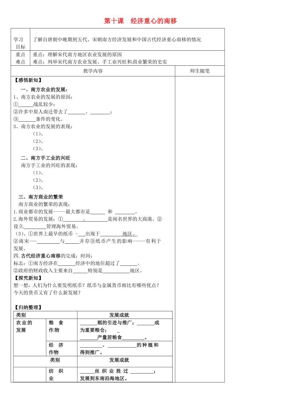 河北省灤南縣青坨營鎮(zhèn)初級中學七年級歷史下冊 第10課 經濟重心的南移導學案（無答案） 新人教版_第1頁