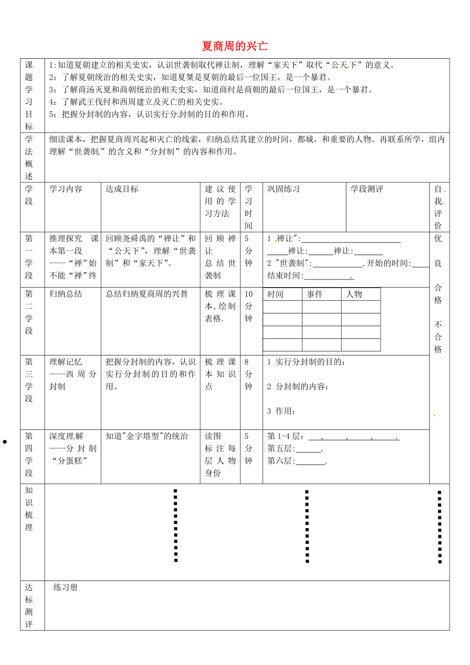 甘肅省西和縣十里鄉(xiāng)初級中學(xué)七年級歷史上冊 第二單元 第4課《夏、商、西周的興亡》導(dǎo)學(xué)案（無答案） 新人教版_第1頁