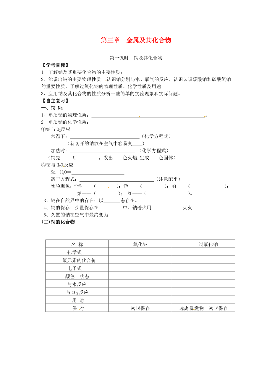 湖南省常德六中九年級化學(xué) 第三章 金屬及其化合物第一節(jié) 復(fù)習(xí)導(dǎo)學(xué)案 （無答案）_第1頁