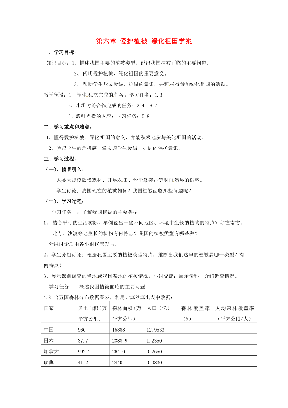 2020年七年级生物下册《第三单元 第六章 爱护植被,绿化祖国》学案2（无答案） 鲁科版_第1页