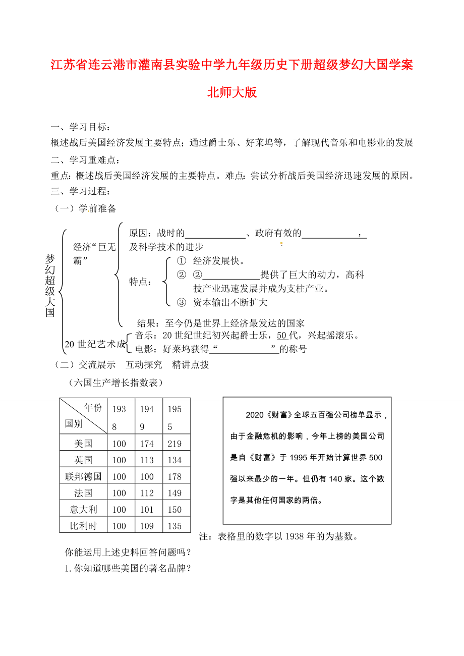 江苏省连云港市灌南县实验中学九年级历史下册 超级梦幻大国学案 北师大版_第1页