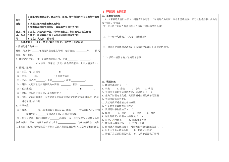 遼寧省葫蘆島市連山區(qū)鋼屯鎮(zhèn)初級(jí)中學(xué)七年級(jí)歷史下冊(cè) 1 開(kāi)運(yùn)河 創(chuàng)科舉學(xué)案（無(wú)答案） 岳麓版_第1頁(yè)