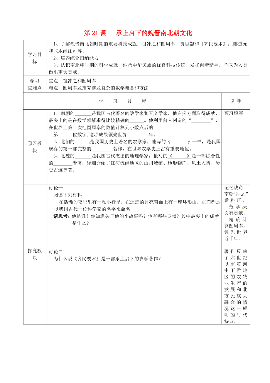 江蘇省徐州市中小學(xué)教學(xué)研究室七年級歷史上冊 第21課 承上啟下的魏晉南北朝文化（一）導(dǎo)學(xué)案（無答案） 新人教版_第1頁