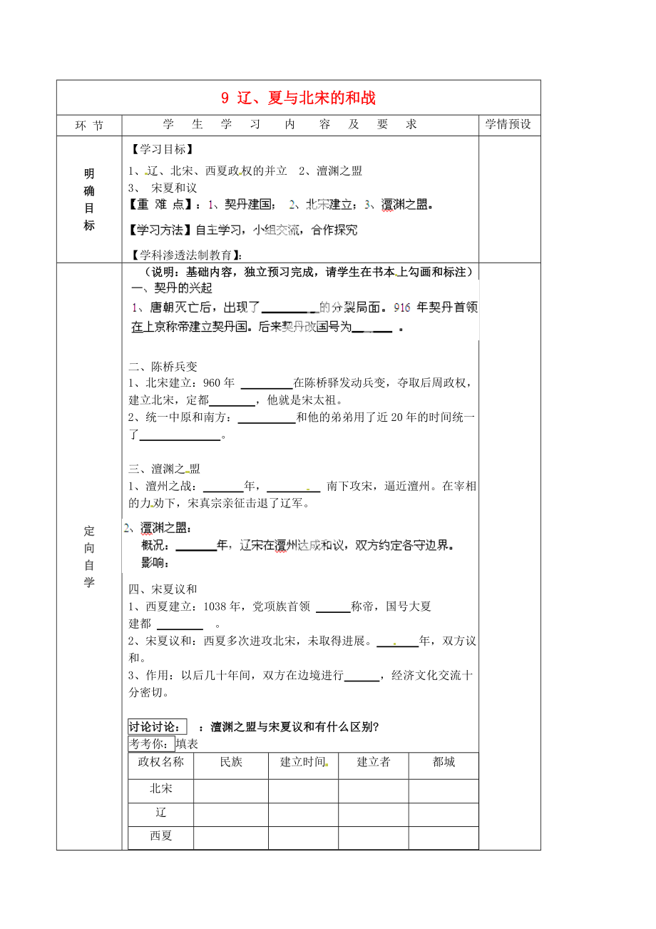 貴州省六盤水市第十三中學(xué)七年級歷史下冊 第六單元 9 遼、夏與北宋的和戰(zhàn)導(dǎo)學(xué)案（無答案） 岳麓版_第1頁