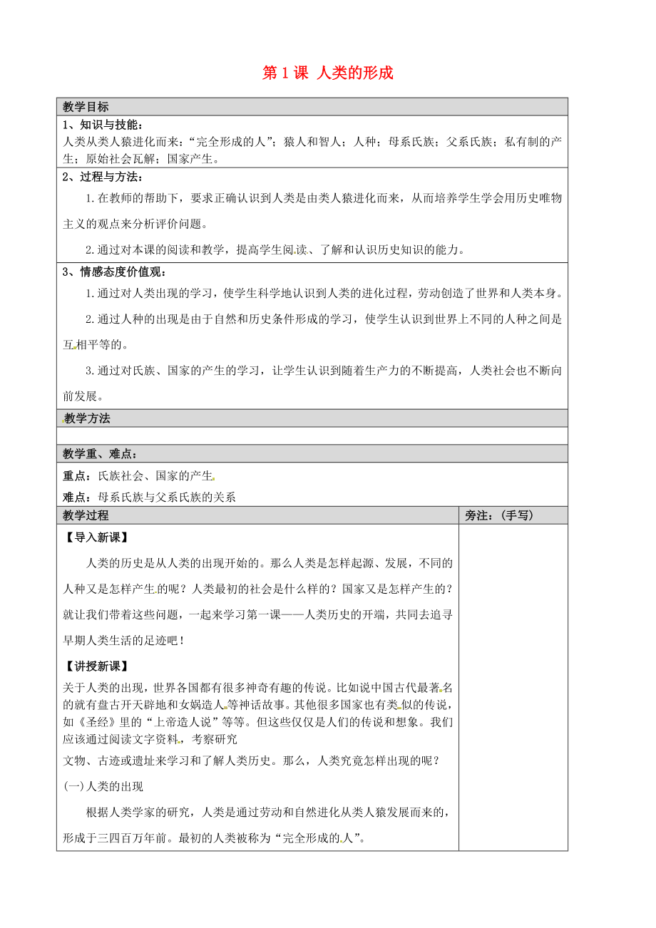 福建省福安五中九年級(jí)歷史上冊(cè) 第1課 人類(lèi)的形成教案（1） 新人教版_第1頁(yè)