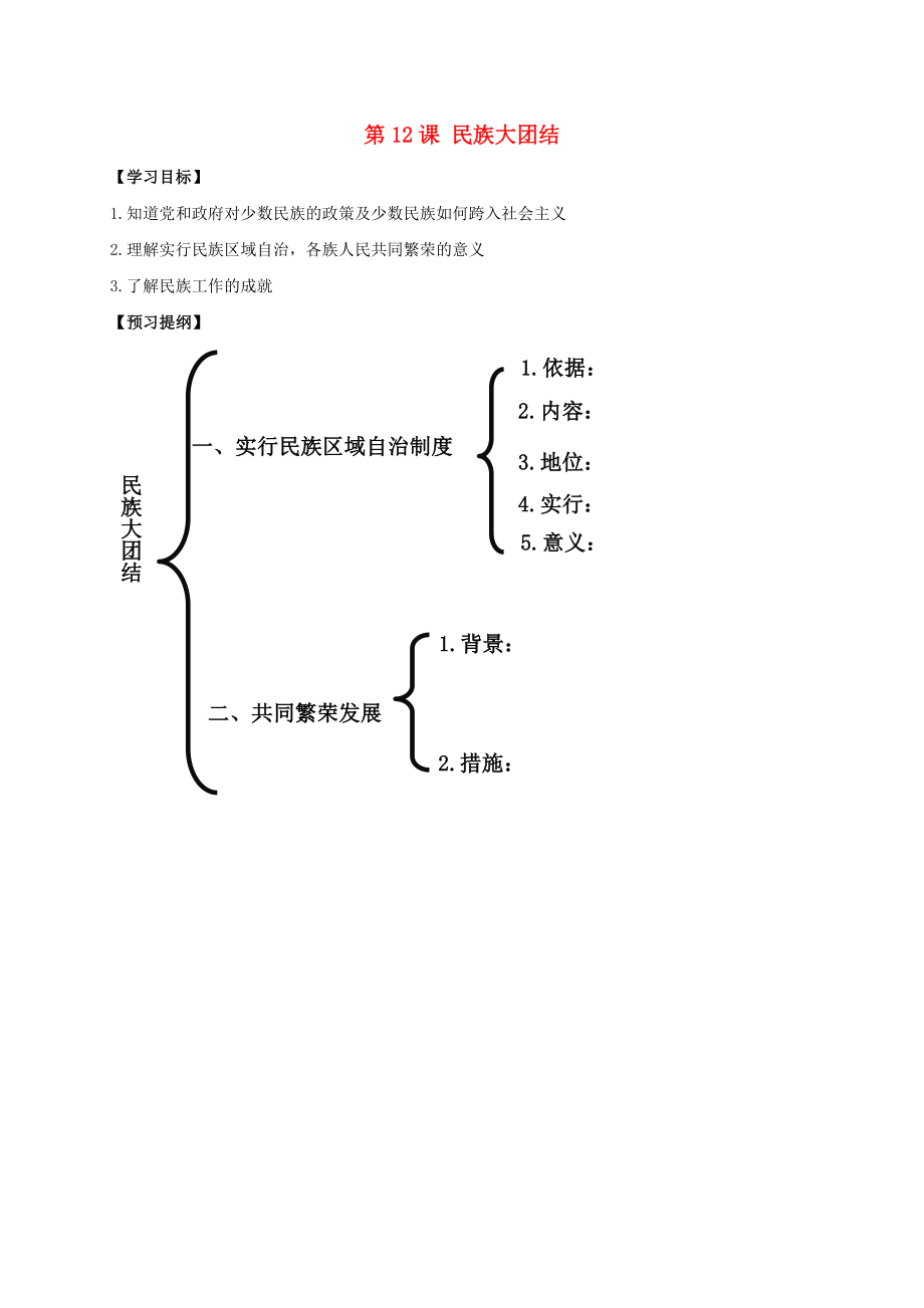 江蘇省南通市如皋市白蒲鎮(zhèn)八年級(jí)歷史下冊(cè)第4單元民族團(tuán)結(jié)與祖國(guó)統(tǒng)一第12課民族大團(tuán)結(jié)提綱新人教版_第1頁(yè)