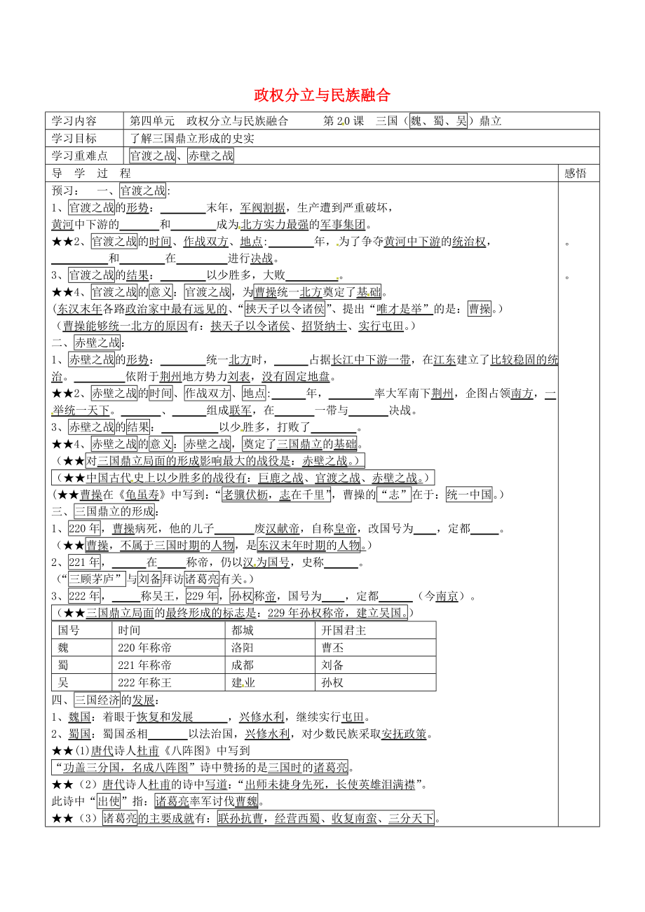 江蘇省宿遷市現(xiàn)代實(shí)驗(yàn)學(xué)校七年級(jí)歷史上冊(cè) 第20課《三國(guó)（魏蜀吳）鼎立》學(xué)案（無答案） 岳麓版_第1頁(yè)