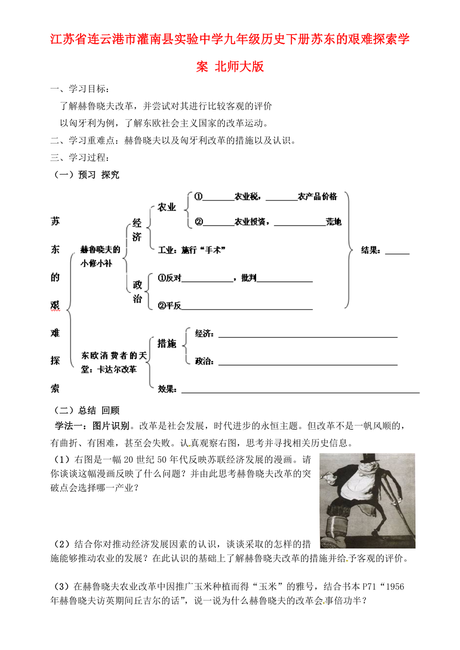 江蘇省連云港市灌南縣實(shí)驗(yàn)中學(xué)九年級歷史下冊 蘇東的艱難探索學(xué)案（無答案） 北師大版_第1頁