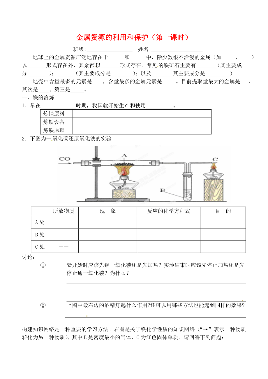 江苏省南京市高淳县外国语学校九年级化学下册 金属资源的利用和保护（第一课时）学案（无答案） 新人教版_第1页