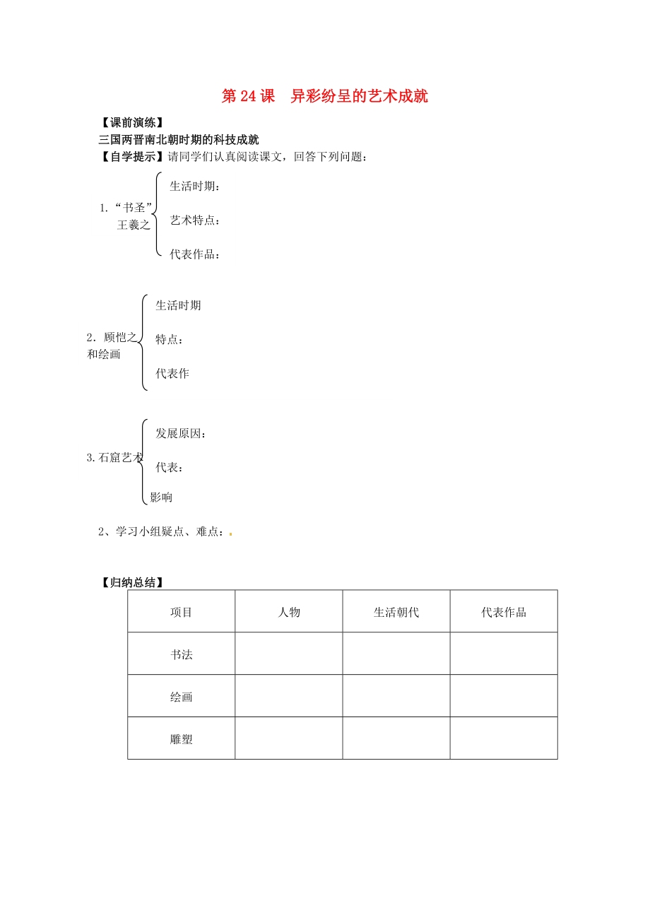 遼寧省東港市小甸子中學(xué)七年級(jí)歷史上冊(cè) 第24課 異彩紛呈的藝術(shù)成就導(dǎo)學(xué)案（無答案） 北師大版_第1頁