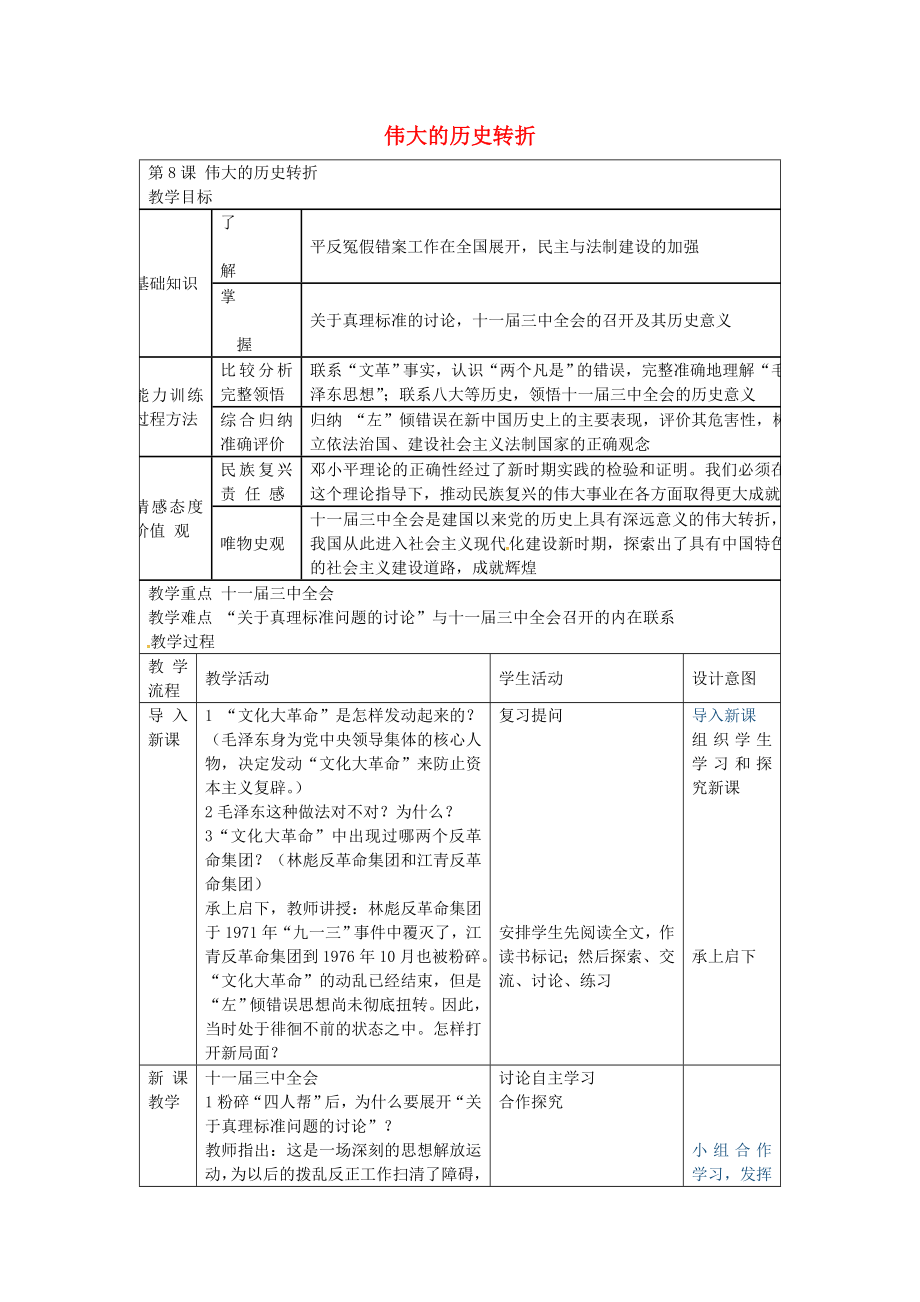 福建省長汀縣第五中學(xué)八年級歷史下冊 第8課 偉大的歷史轉(zhuǎn)折教案 新人教版_第1頁