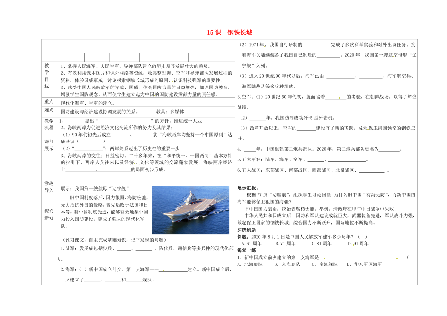 遼寧省撫順市順城區(qū)八年級(jí)歷史下冊(cè) 第15課 鋼鐵長城教學(xué)案（無答案） 新人教版（通用）_第1頁