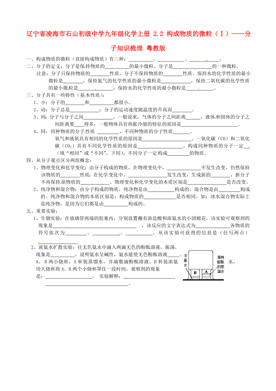 遼寧省凌海市石山初級中學九年級化學上冊 2.2 構成物質(zhì)的微粒（Ⅰ）——分子知識梳理（無答案） 粵教版_第1頁