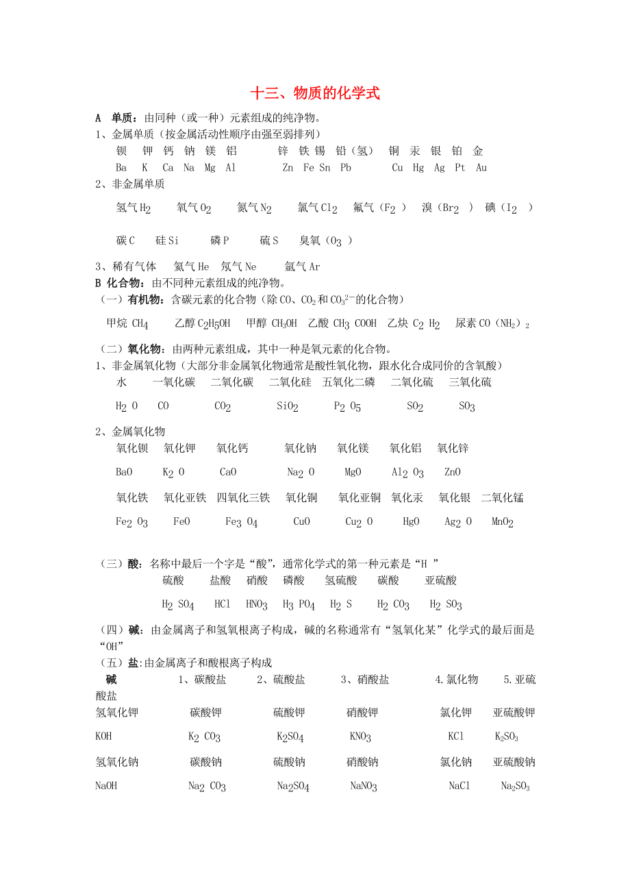 貴州省貴陽戴氏教育管理有限公司2020屆中考化學總復習 基礎知識點總結 十三 物質的化學式_第1頁