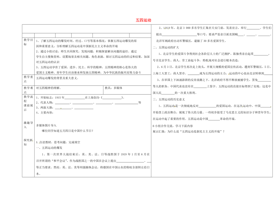 遼寧省撫順市順城區(qū)八年級歷史上冊 第13課 五四運動教學(xué)案（無答案） 新人教版（通用）_第1頁