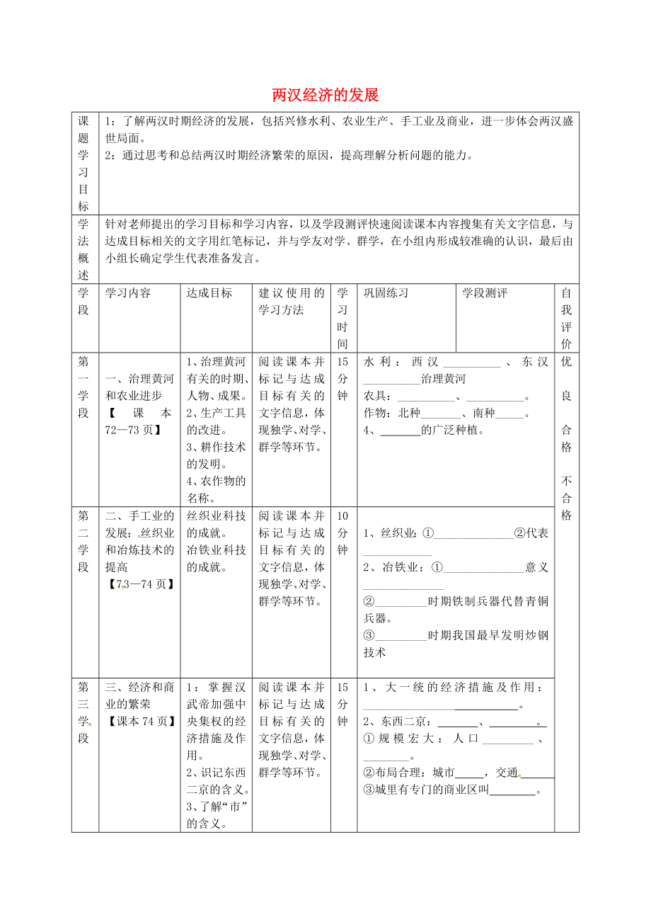 甘肅省西和縣十里鄉(xiāng)初級中學(xué)七年級歷史上冊 第三單元 第13課 兩漢經(jīng)濟(jì)的發(fā)展導(dǎo)學(xué)案（無答案） 新人教版_第1頁