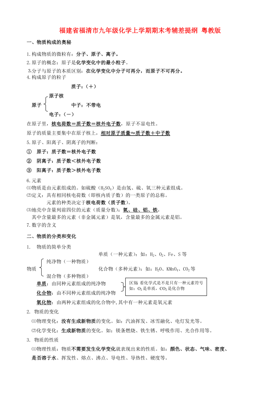 福建省福清市九年級(jí)化學(xué)上學(xué)期期末考輔差提綱 粵教版（通用）_第1頁(yè)