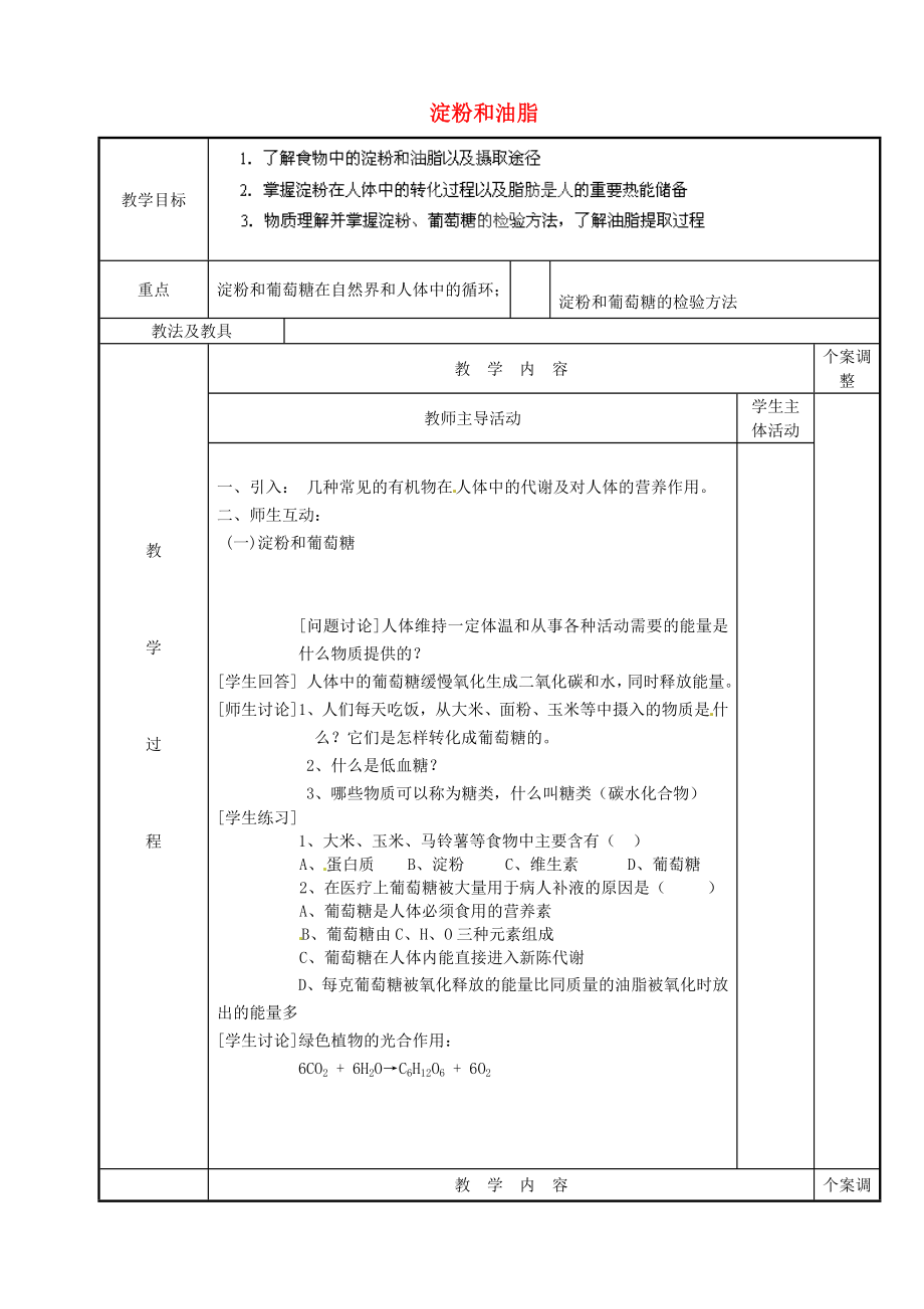 江蘇省新沂市第二中學(xué)九年級化學(xué)下冊 淀粉和油脂教案 （新版）滬教版_第1頁