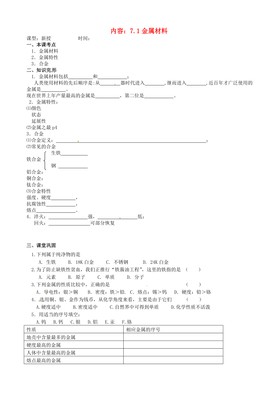 江蘇省無錫市太湖格致中學(xué)九年級化學(xué)《課題1 金屬材料》課堂練習(xí)（無答案） 蘇教版（通用）_第1頁