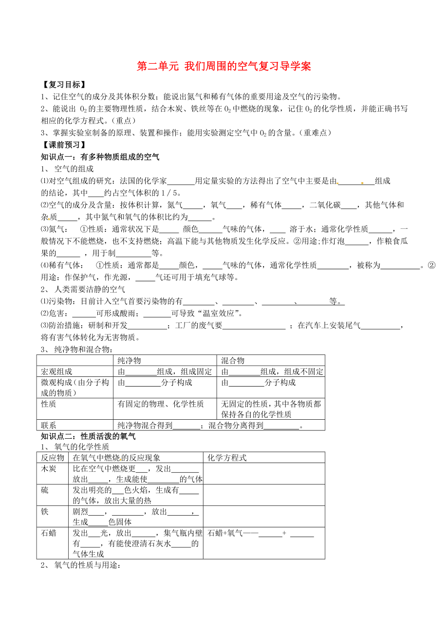 湖南省隆回縣萬和實驗學校九年級化學上冊 第二單元 我們周圍的空氣復習導學案（無答案） （新版）新人教版（通用）_第1頁