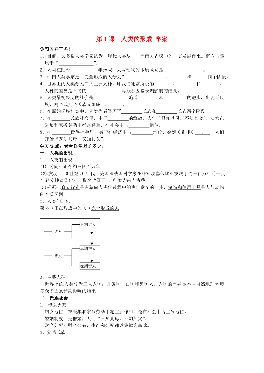 江蘇省南京市谷里初級中學(xué)九年級歷史第一單元《第一課 人類的形成》學(xué)案（無答案）_第1頁