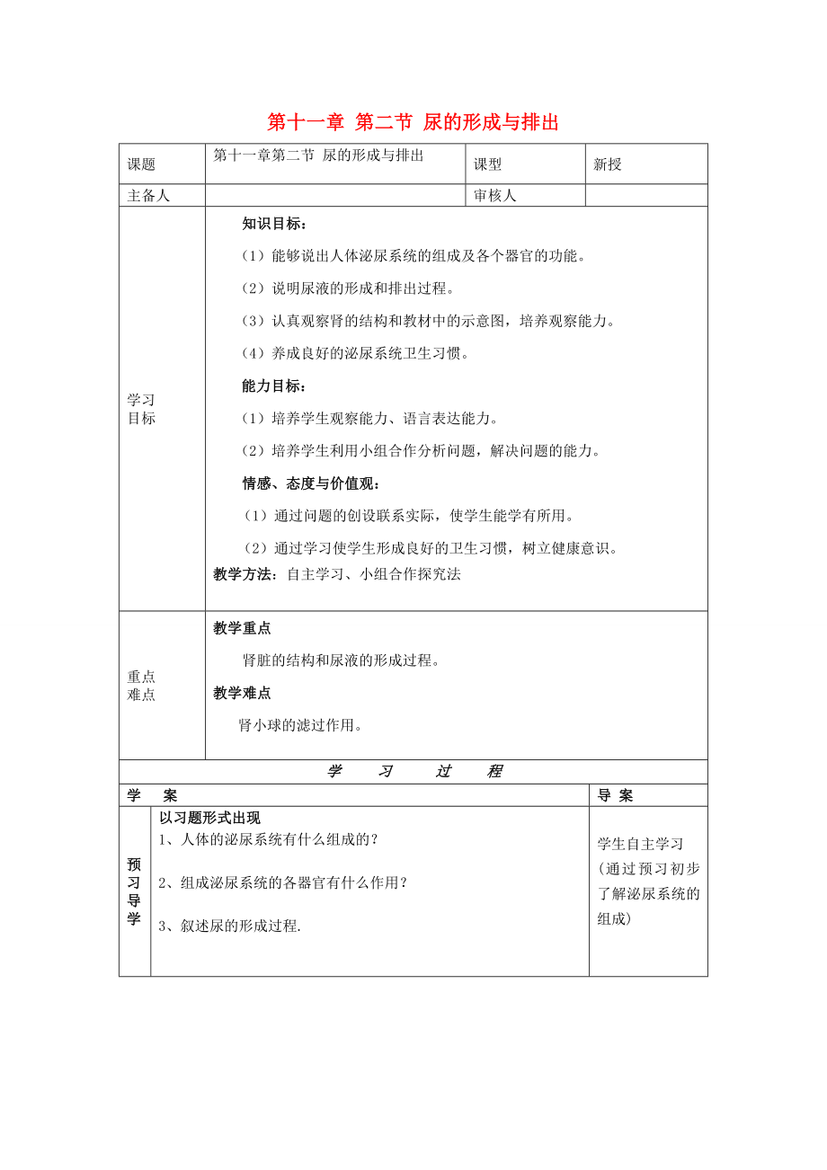 2020年七年級(jí)生物下冊(cè) 第十一章 人體廢物的排出 第二節(jié) 尿的形成與排出導(dǎo)學(xué)案（無(wú)答案） 北師大版_第1頁(yè)