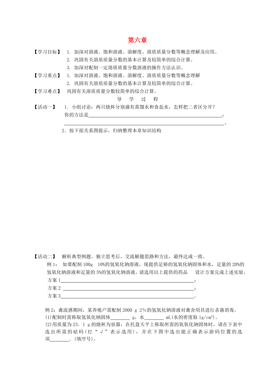 江苏省铜山区清华中学九年级化学全册 第六章 溶解现象复习学案（无答案）（新版）沪教版_第1页