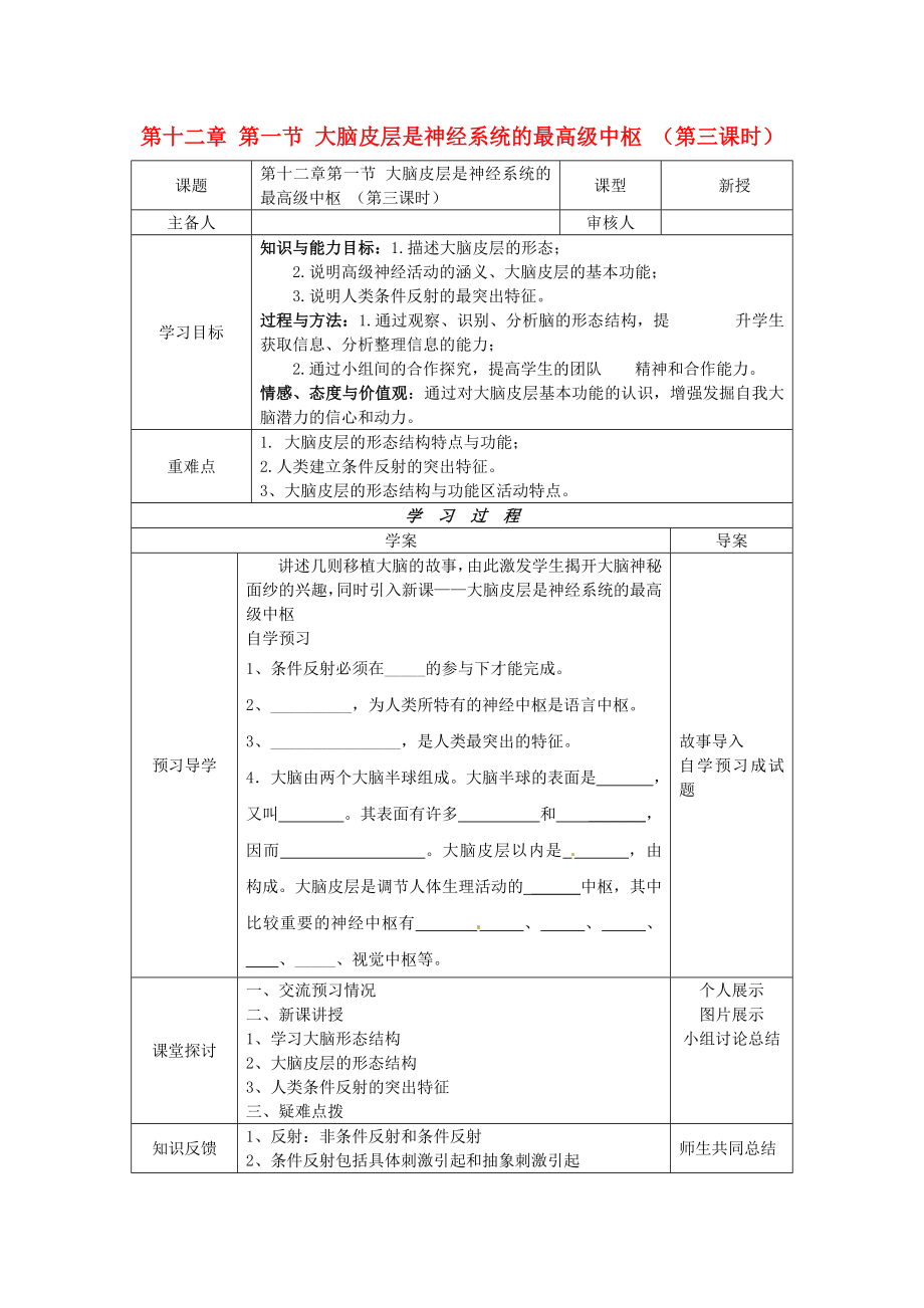 2020年七年級(jí)生物下冊(cè) 第十二章 人體的自我調(diào)節(jié) 第一節(jié) 大腦皮層是神經(jīng)系統(tǒng)的最高級(jí)中樞（第三課時(shí)）導(dǎo)學(xué)案（無(wú)答案） 北師大版_第1頁(yè)