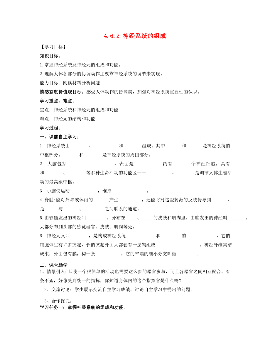 2020年七年级生物下册 4.6.2 神经系统的组成导学案（无答案） 新人教版_第1页