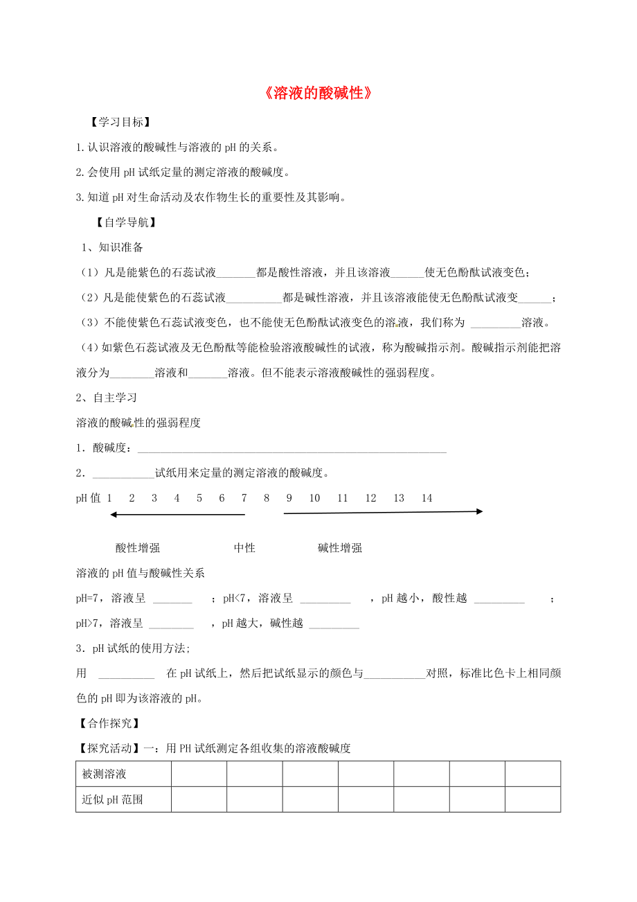 河北省保定市雄縣九年級(jí)化學(xué)下冊(cè) 第10單元 酸和堿 溶液的酸堿性導(dǎo)學(xué)案（無(wú)答案）（新版）新人教版（通用）_第1頁(yè)